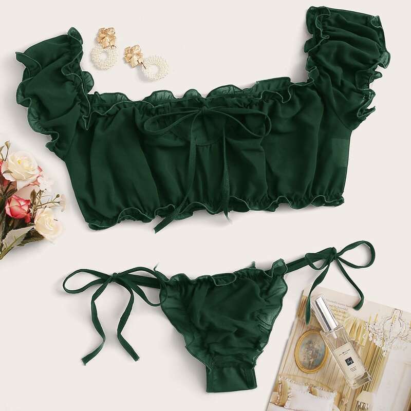 

Frill Trim Bardot Chiffon Lingerie Set, Green