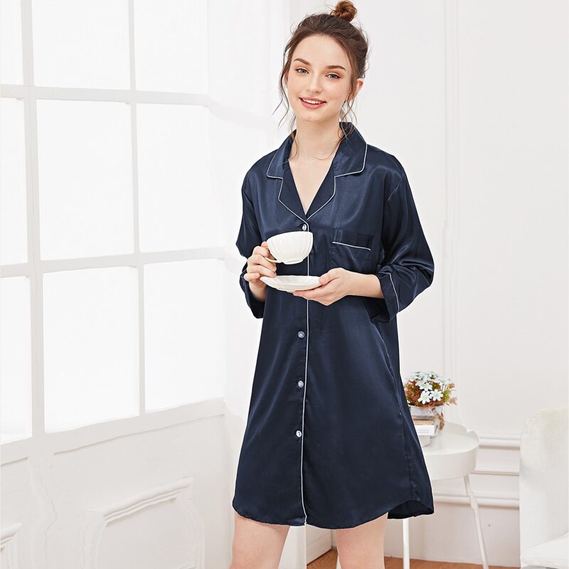 

Contrast Binding Satin Shirt Dress, Navy
