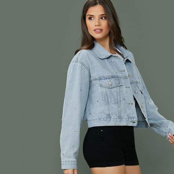 

Button Front Rhinestone Cropped Denim Jacket, Blue