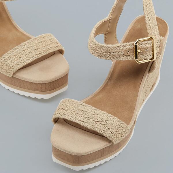 

Woven Jute Open Toe Ankle Strap Platform Wedges, Khaki
