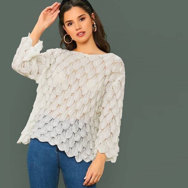 

Textured Scalloped Knit Pullover Sweater, Beige