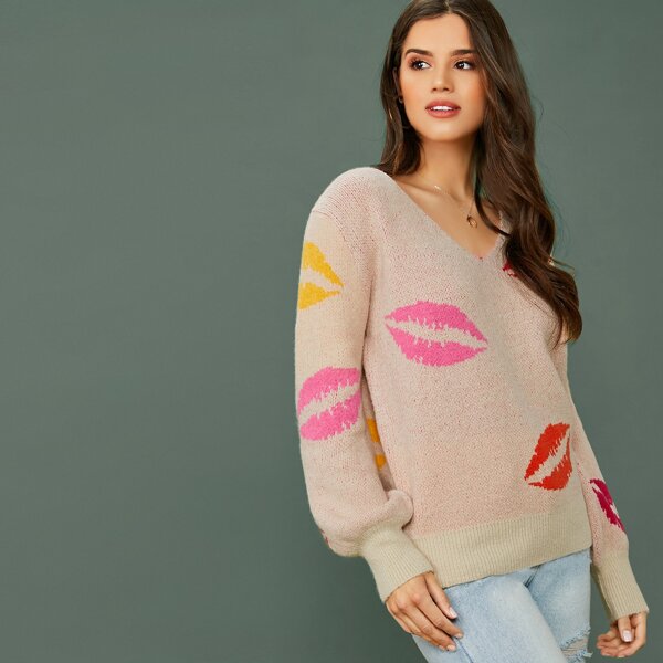 

V-Neck Lip Print Knitted Pullover Sweater, Multicolor