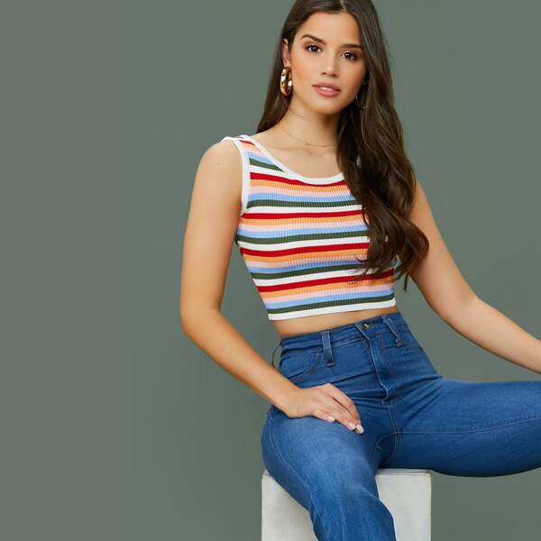 

Rib Knit Rainbow Stripe Crop Tank Top, Multicolor