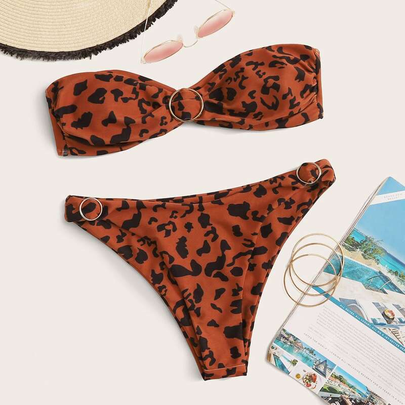 

Leopard Ring Detail Bandeau High Cut Bikini Swimsuit, Multicolor
