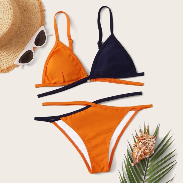 

Color-block Criss Cross Triangle Bikini Swimsuit, Multicolor