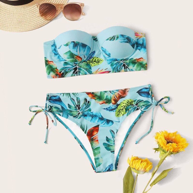 

Tropical Bandeau Tie Side Bikini Swimsuit, Blue