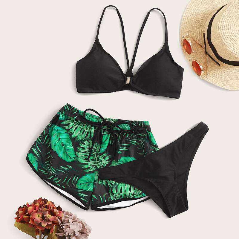 

3pack Tropical Tie Front Co-ord Bikini Swimsuit, Multicolor