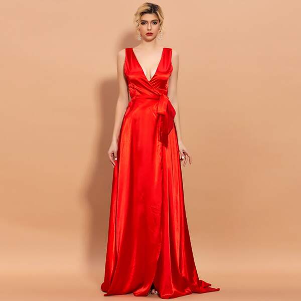 

Plunging Neck Wrap Belted Satin Prom Dress, Red