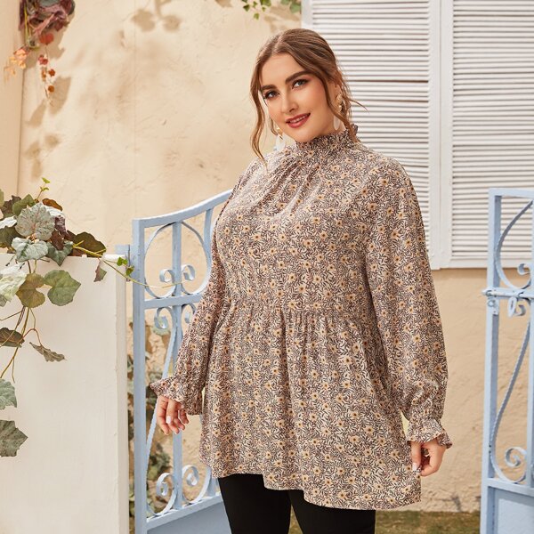 

Plus Ditsy Floral Print Mock Neck Peplum Blouse, Multicolor