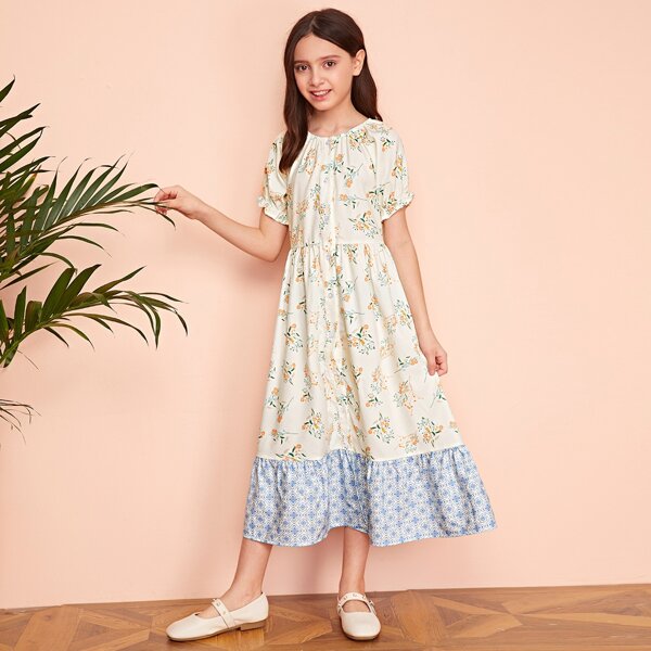 

Girls Floral and Tribal Print Button Front Dress, Multicolor