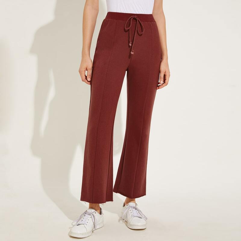 

Drawstring Waist Seam Front Flare Leg Pants, Burgundy