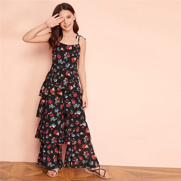 

Girls Self Tie Shoulder Layered Ruffle Floral Jumpsuit, Multicolor