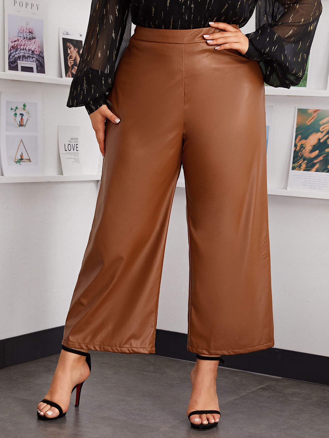 SHEIN Plus Wide Leg Faux Leather Pants 