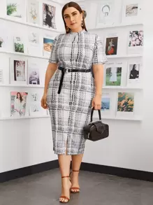 Mulvari Đầm Plus Size Chia Sọc ca rô Đen và trắng Thanh lịch - Đen và trắng - Xem 1