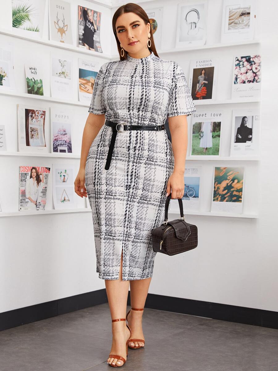 Mulvari Đầm Plus Size Chia Sọc ca rô Đen và trắng Thanh lịch - Đen và trắng - Xem 1