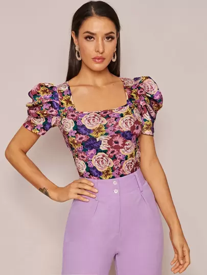 SHEIN Privé Square Neck Puff Sleeve Floral Print Top
