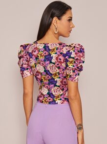 SHEIN Privé Top con estampado floral de manga farol de cuello cuadrado