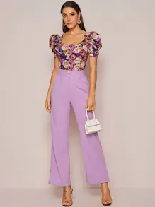 SHEIN Privé Top con estampado floral de manga farol de cuello cuadrado