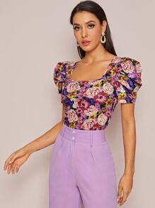 SHEIN Privé Top con estampado floral de manga farol de cuello cuadrado