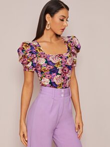 SHEIN Privé Top con estampado floral de manga farol de cuello cuadrado