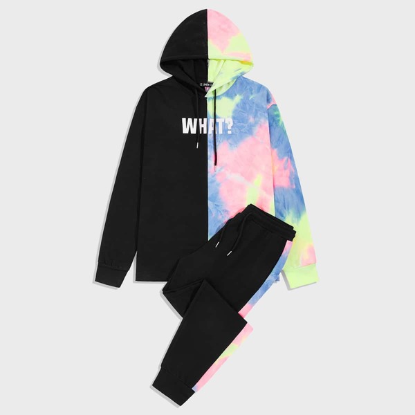 

Men Letter Graphic Tie Dye Spliced Drawstring Hoodie & Joggers Set, Multicolor