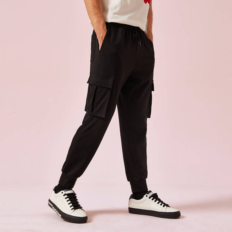 

Guys Drawstring Waist Flap Pocket Side Joggers, Black