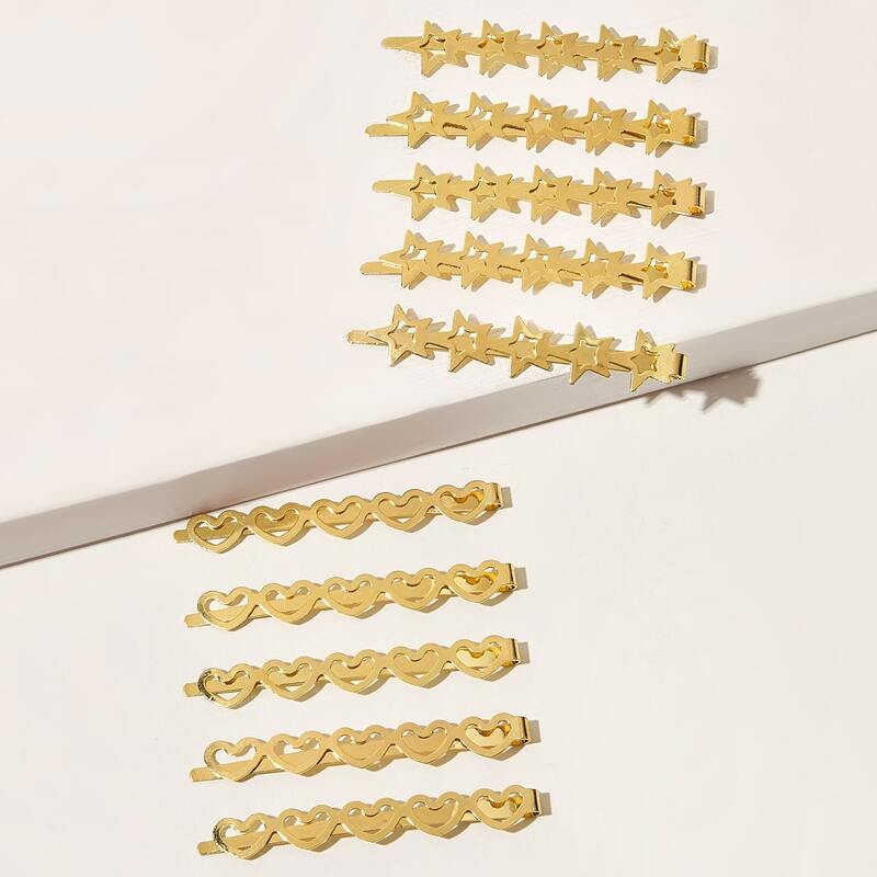 

10pcs Heart & Star Design Hair Clip, Gold