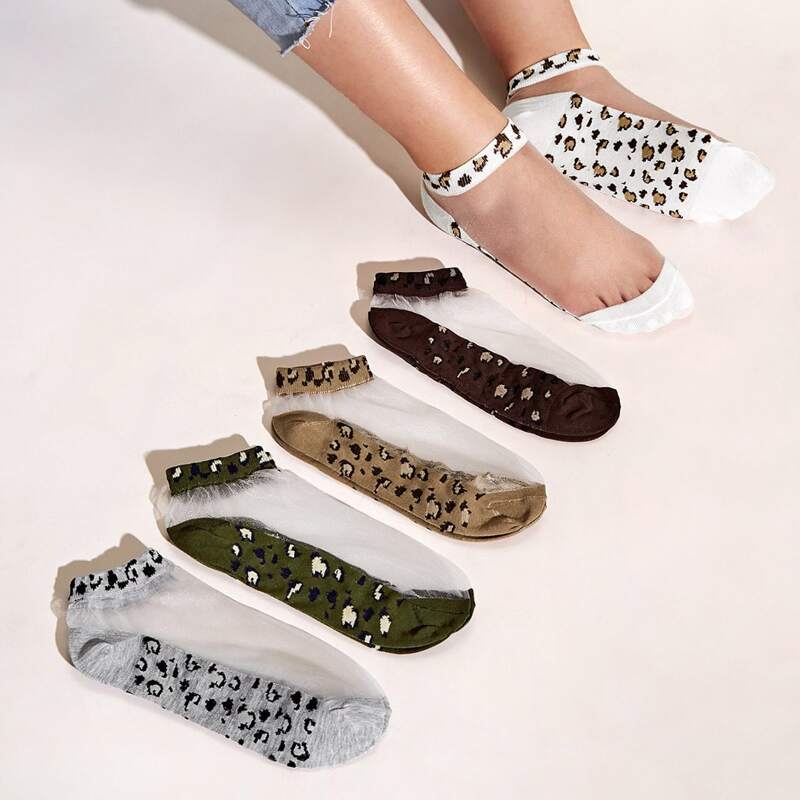 

5pairs Mesh Panel Leopard Ankle Socks, Multicolor