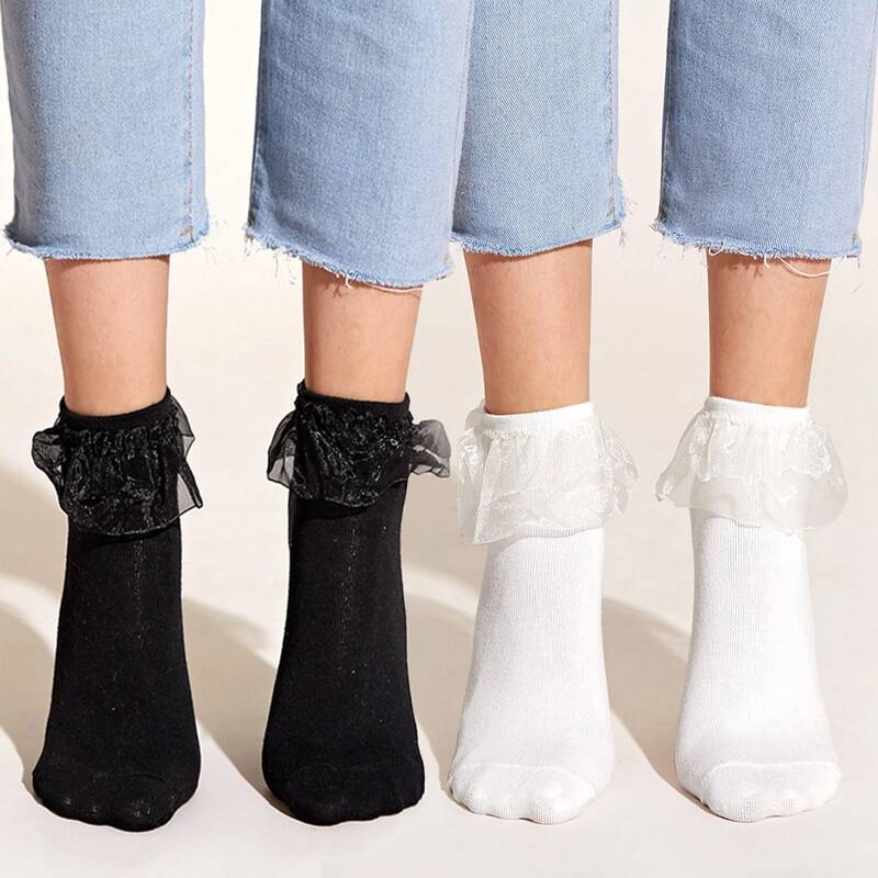 

2pairs Solid Mesh Trim Ankle Socks, Black and white