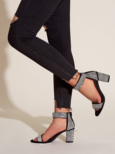 Rhinestone Decor Chunky Heels