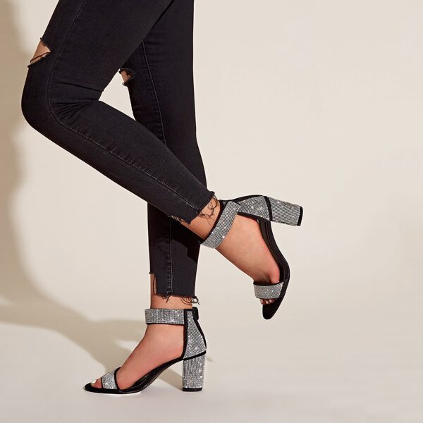 

Rhinestone Decor Chunky Heels, Silver
