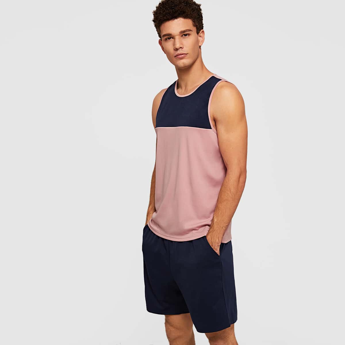 

Guys Contrast Panel Tank Top & Drawstring Track Shorts, Multicolor