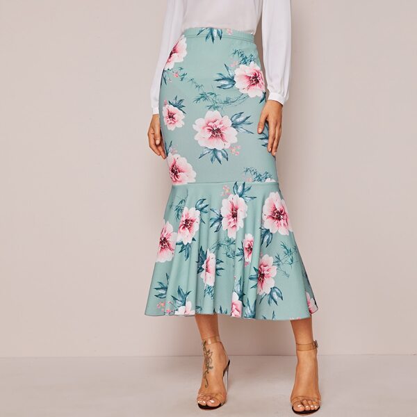 

Elastic Waist Fishtail Hem Floral Skirt, Green
