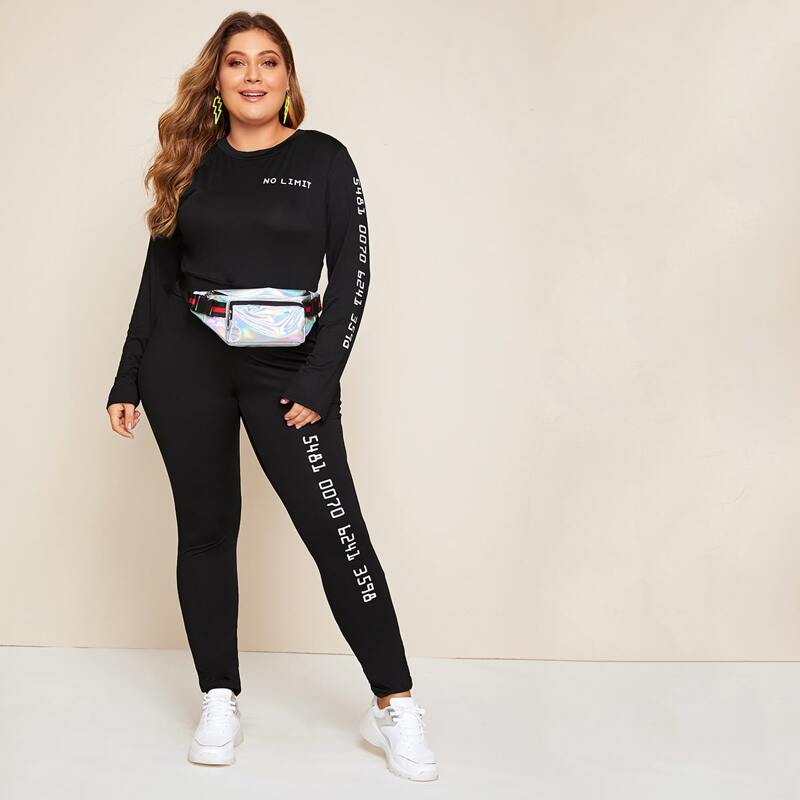 

Plus Letter Graphic Tee With Leggings Without Bag, Black