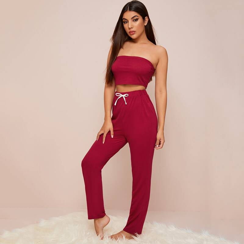 

Solid Tube Top & Drawstring Pants PJ Set, Burgundy