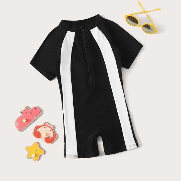 

Toddler Girls Zipper Front Short Sleeve One Piece Swimwear, Black