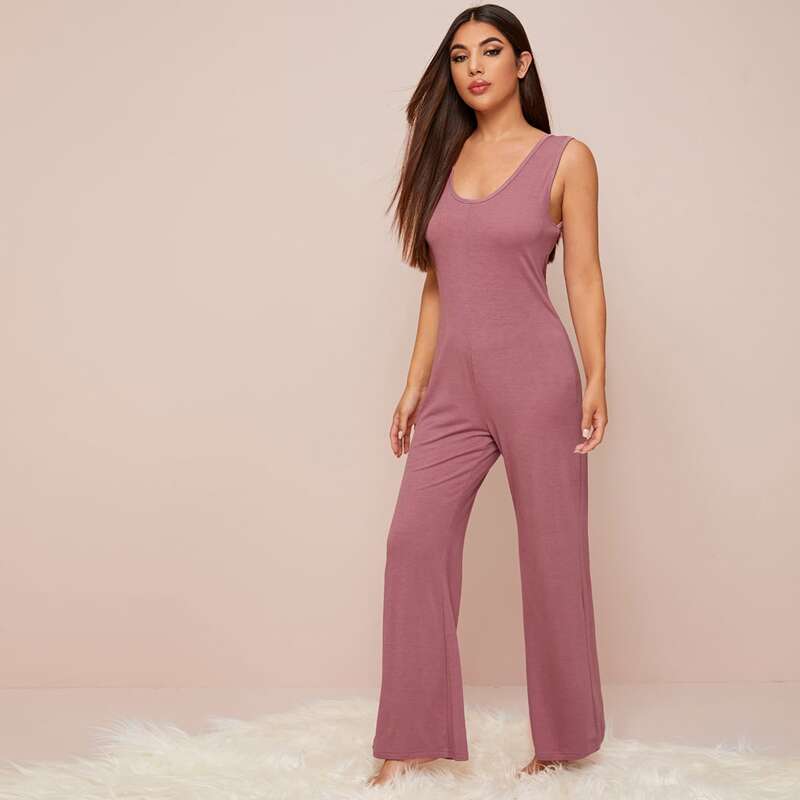 

Solid Straight Leg Tank Jumpsuit, Pink