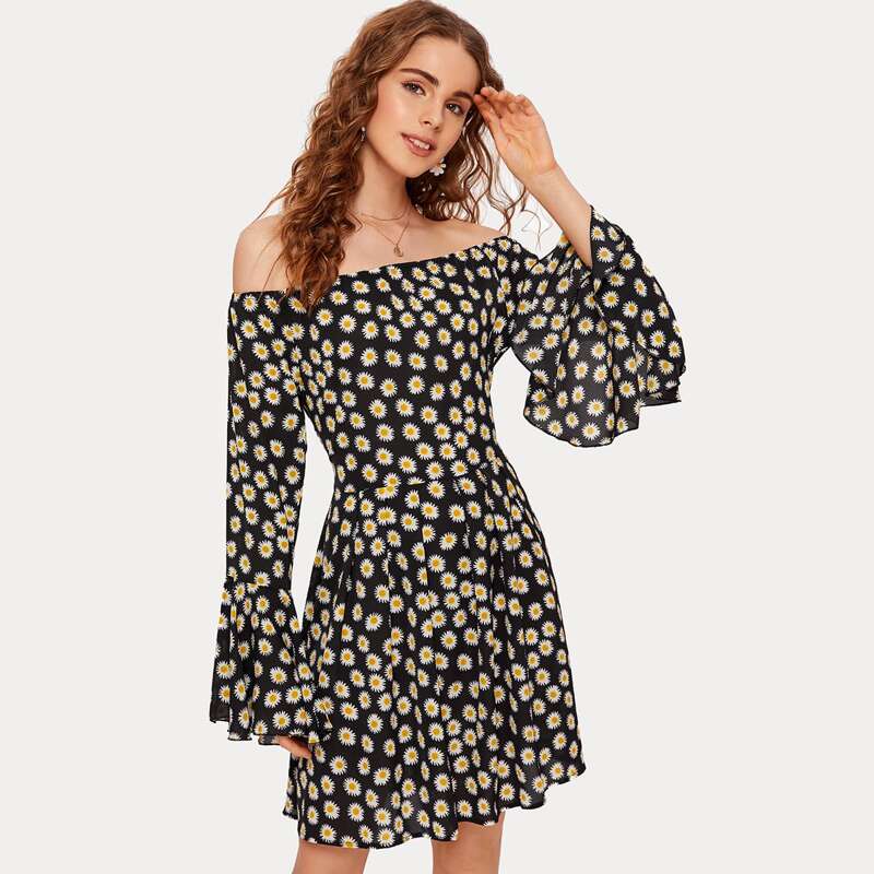 

Chiffon Daisy Print Flounce Sleeve Mini Dress, Multicolor