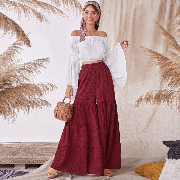 

Off Shoulder Frill Trim Crinkle Top & Tiered Pants Set, Multicolor