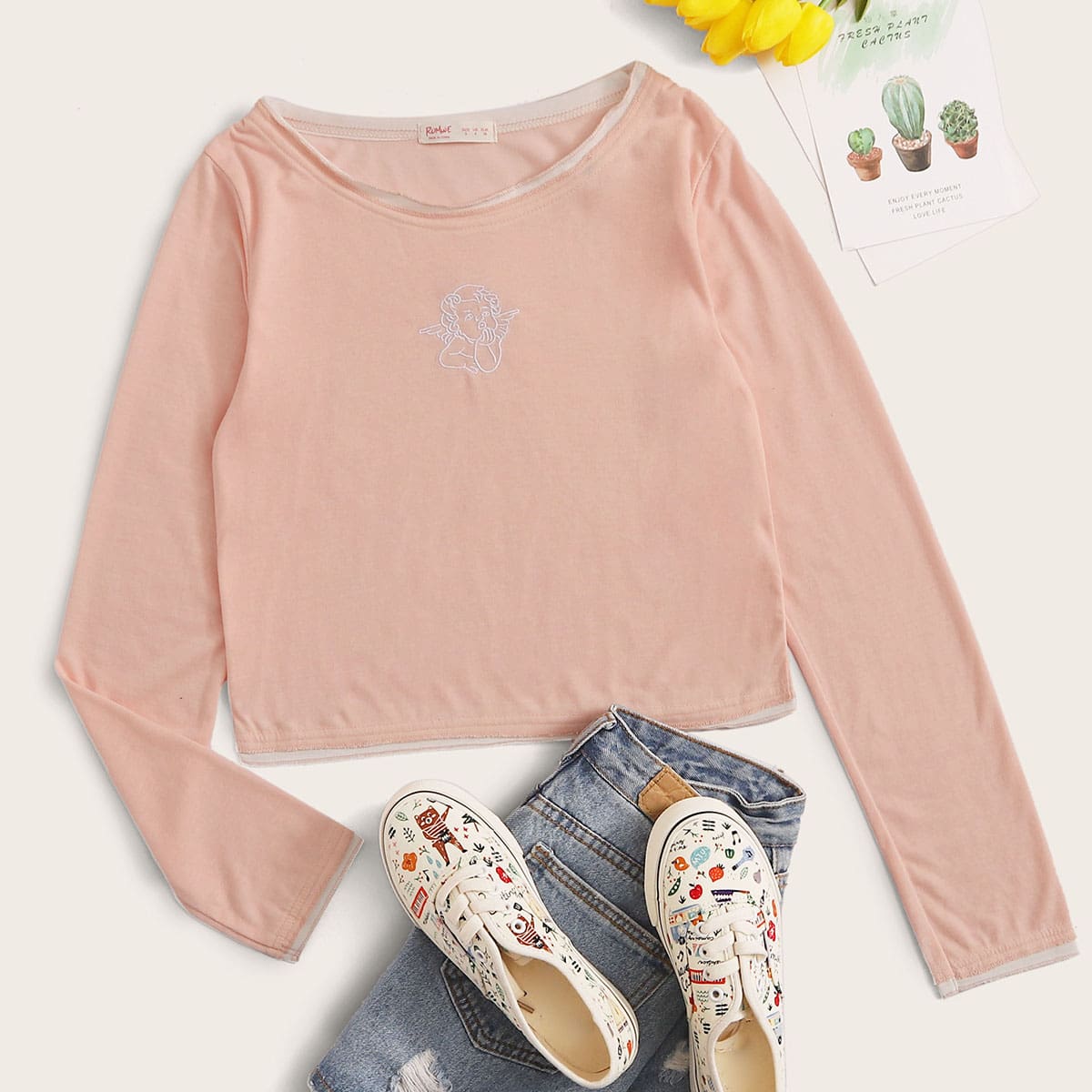 

Contrast Trim Angel Print Tee, Pink