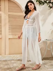 SHEIN Swim Summer Beach Tie Waist Lace Insert Sheer Longline Kimono - White - View 5
