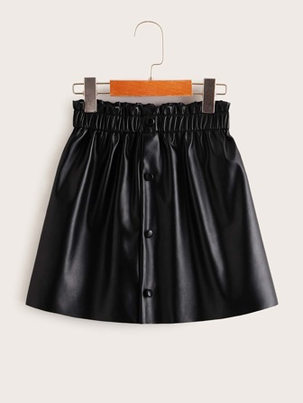 SHEIN Tween Girl Paperbag Waist Button Front PU Skirt