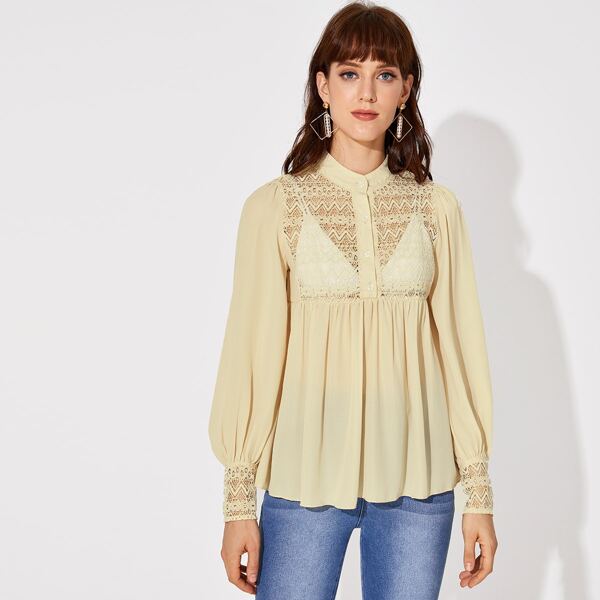 

Button Half Placket Lace Yoke Top Without Bra, Apricot