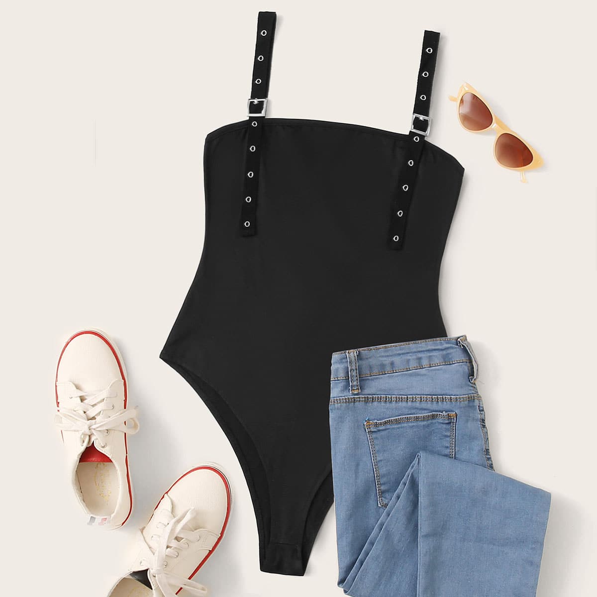 

Eyelet Buckle Strap Black Bodysuit