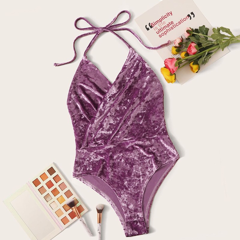 

Velvet Backless Wrap Halter Bodysuit, Purple