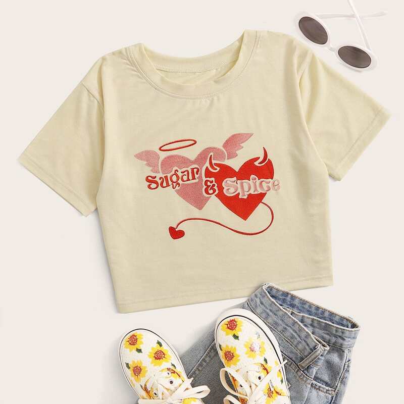 

Heart Graphic Crop Top, Beige