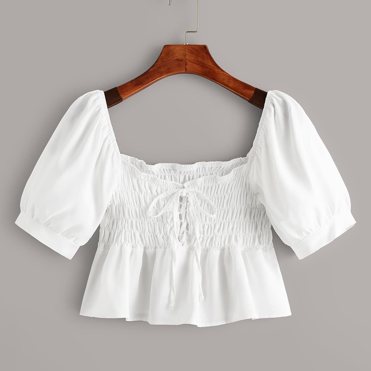 

Tie Front Shirred Crop Peplum Blouse, White