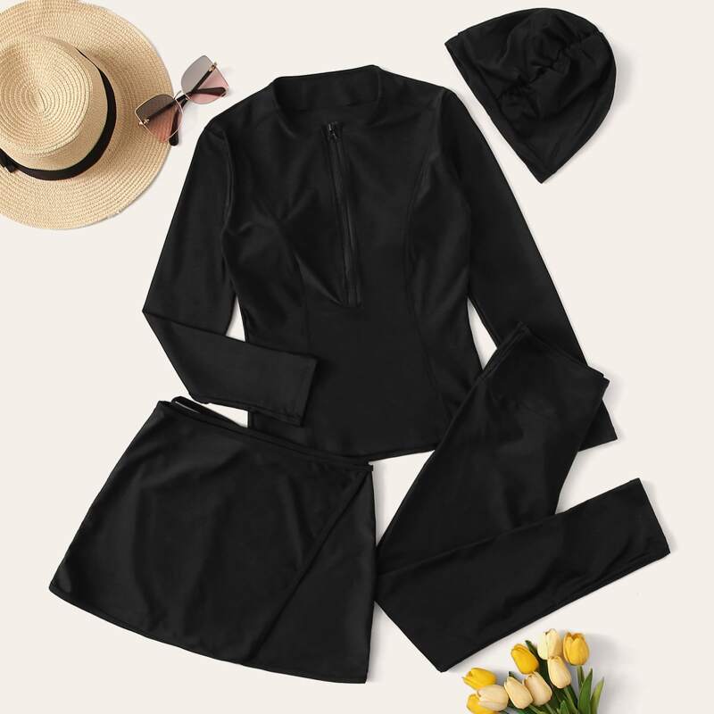 

4pack Zipper Front Long Sleeve Burkini, Black