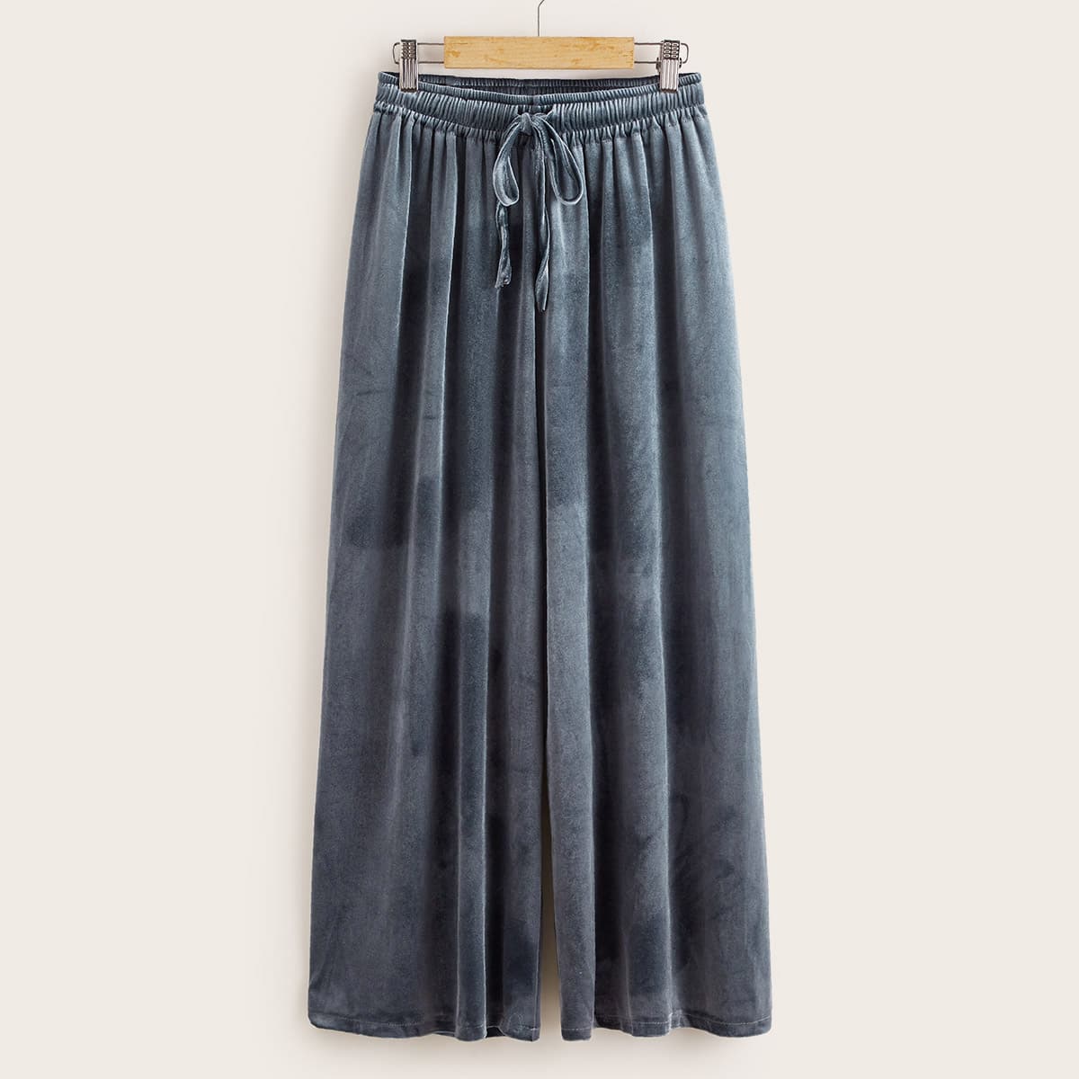 

Drawstring Waist Wide Leg Velvet Pants, Grey