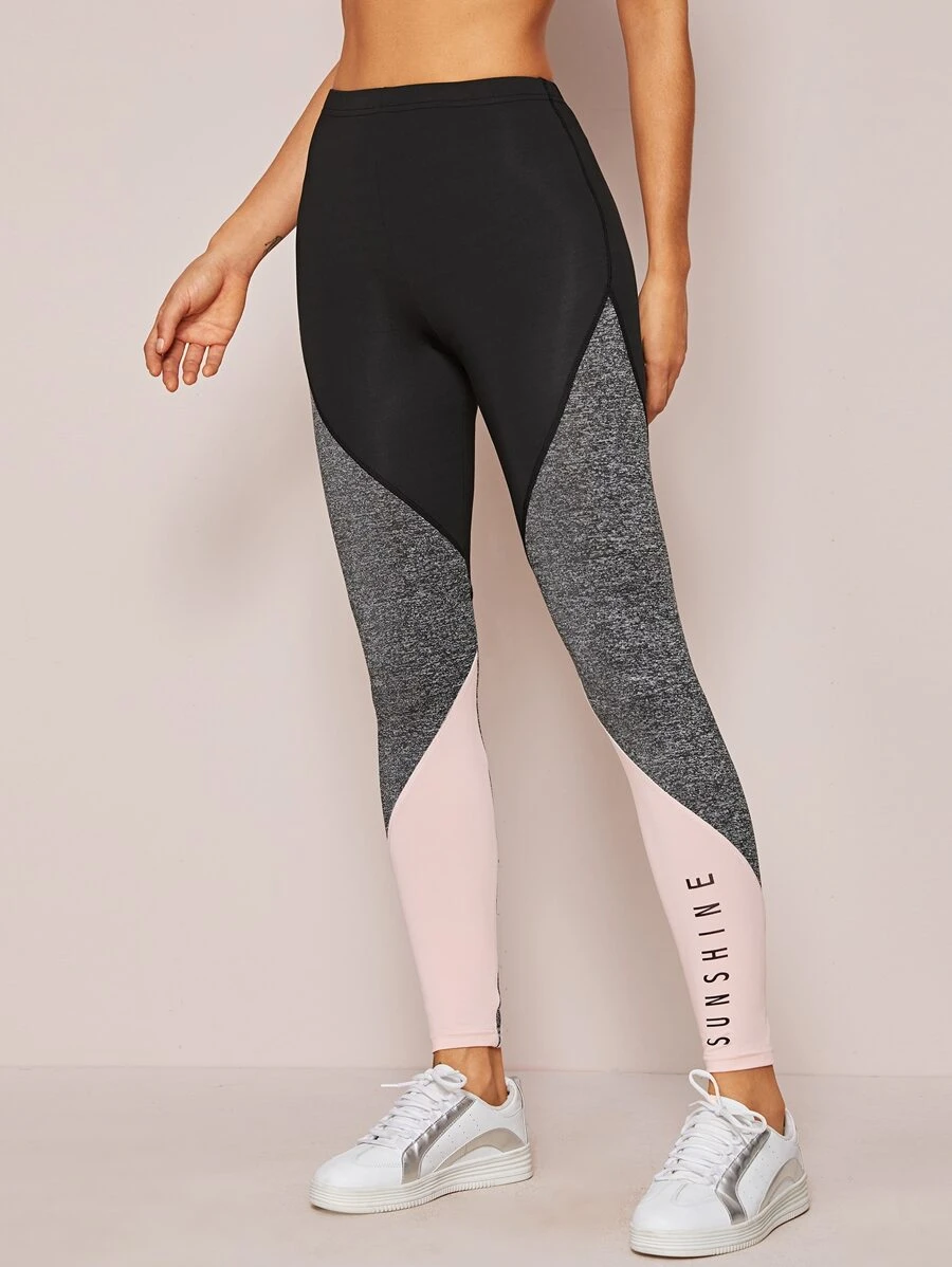 Seusyu Letter Graphic Colourblock Leggings - Multicolor - View 1